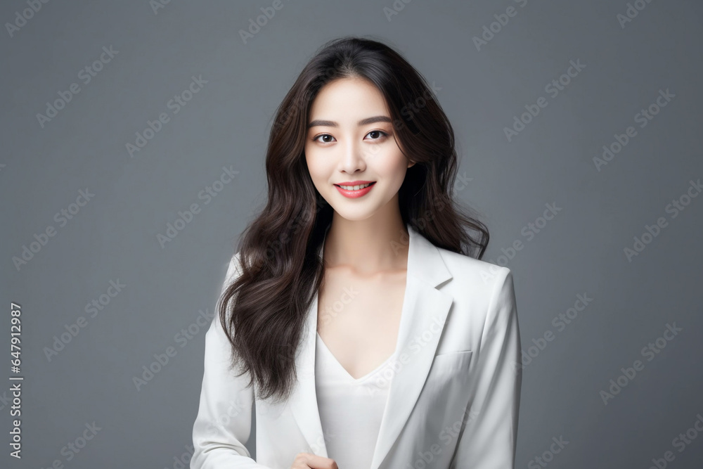 Against a bright white background, a poised and intelligent young Asian woman, elegantly attired in a light gray suit coupled with a pristine white shirt, delivers a presentation. Generative AI. Against a bright white background, a poised and intelligent young Asian woman, elegantly attired in a light gray suit coupled with a pristine white shirt, delivers a presentation. Generative AI.