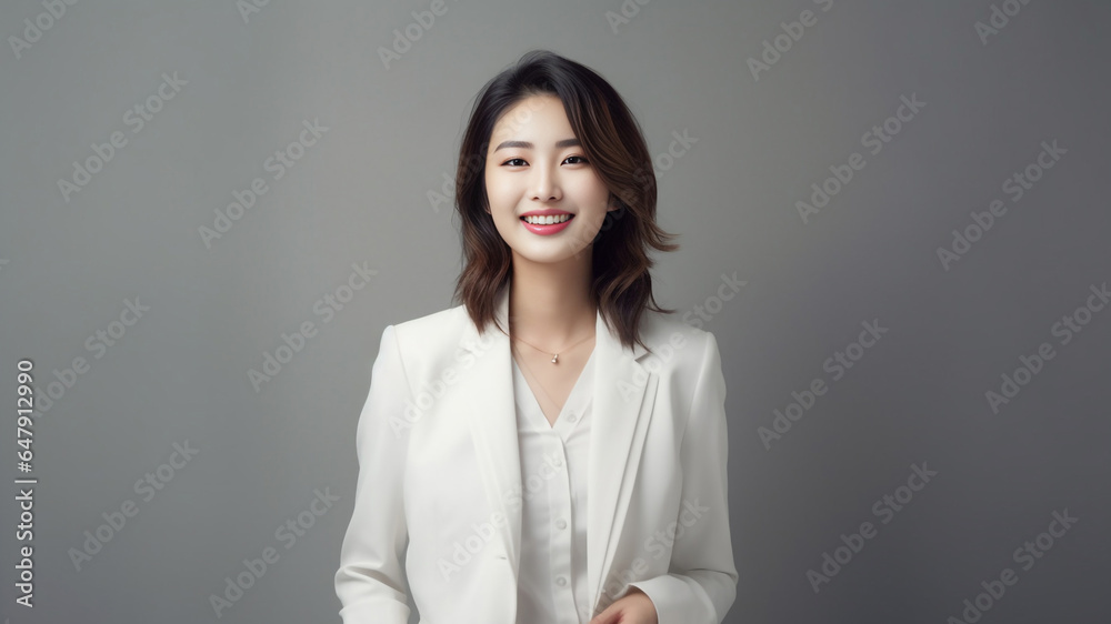 Against a bright white background, a poised and intelligent young Asian woman, elegantly attired in a light gray suit coupled with a pristine white shirt, delivers a presentation. Generative AI. Against a bright white background, a poised and intelligent young Asian woman, elegantly attired in a light gray suit coupled with a pristine white shirt, delivers a presentation. Generative AI.