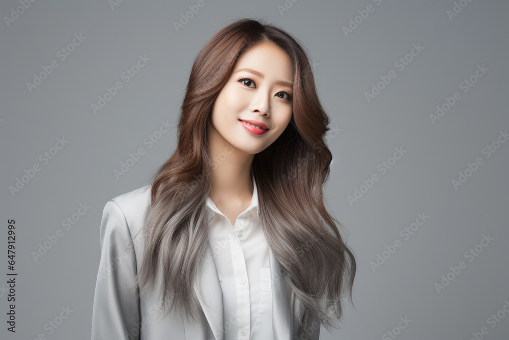 Against a bright white background, a poised and intelligent young Asian woman, elegantly attired in a light gray suit coupled with a pristine white shirt, delivers a presentation. Generative AI. Against a bright white background, a poised and intelligent young Asian woman, elegantly attired in a light gray suit coupled with a pristine white shirt, delivers a presentation. Generative AI.