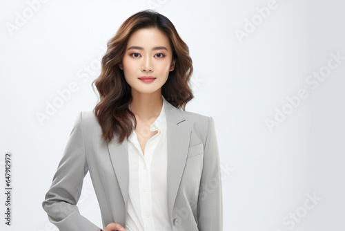 Against a bright white background, a poised and intelligent young Asian woman, elegantly attired in a light gray suit coupled with a pristine white shirt, delivers a presentation. Generative AI.