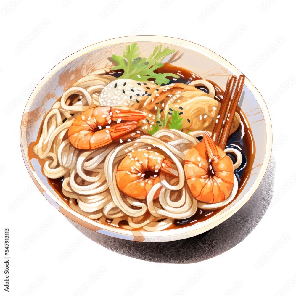 Traditional japanese udon noodle bowl with crispy fried tofu, meatballs