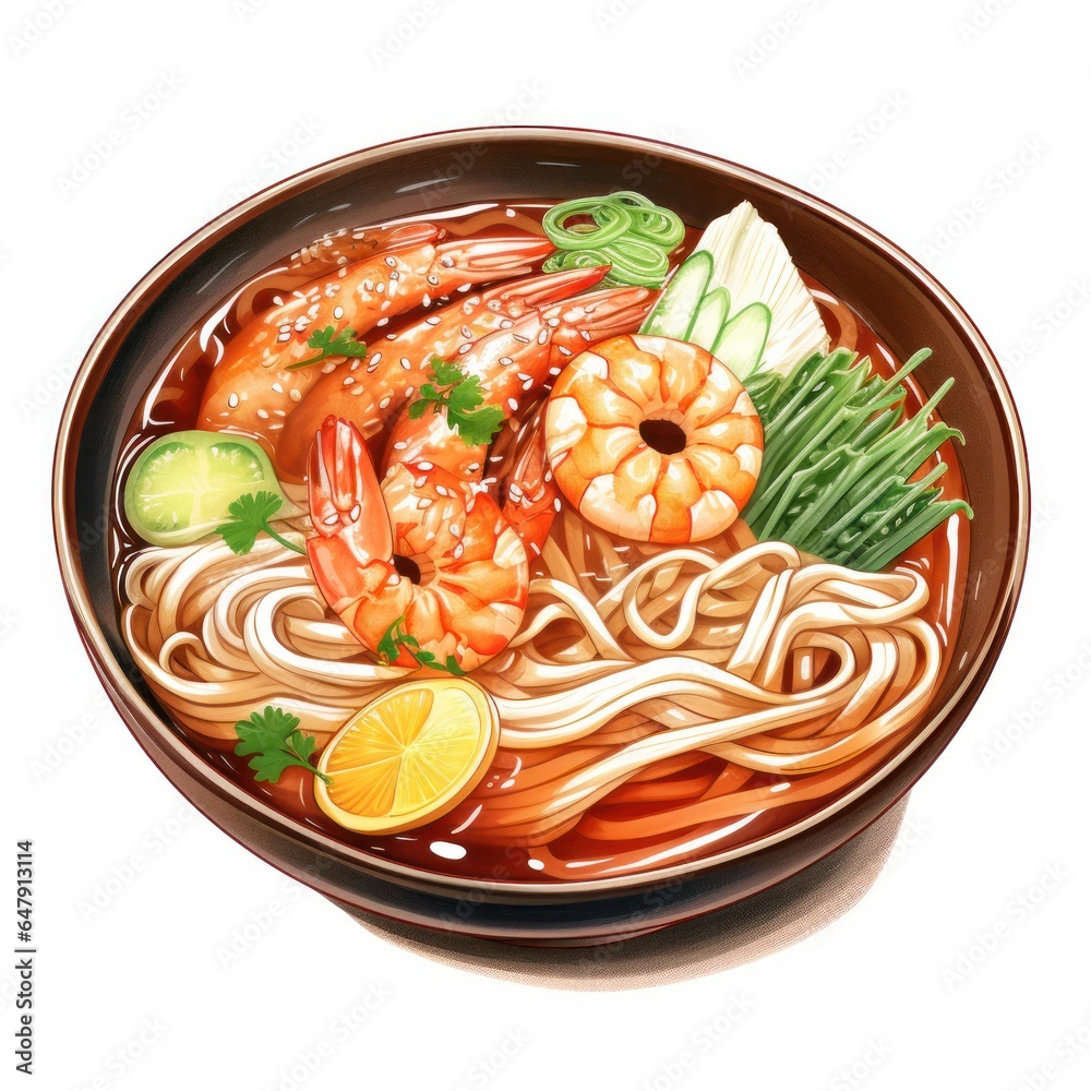 Traditional japanese udon noodle bowl with crispy fried tofu, meatballs