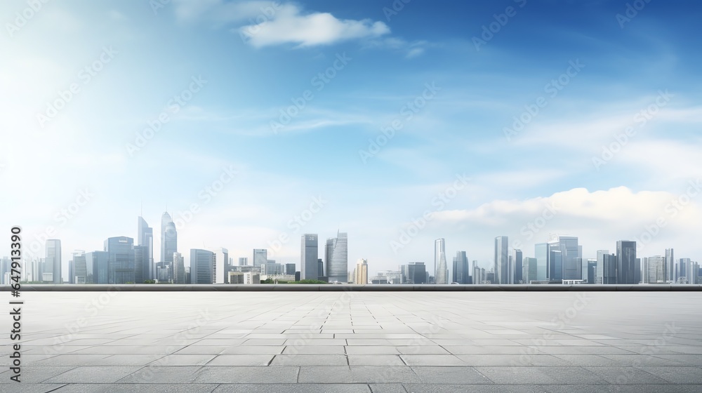 Concrete road with city skyline on background