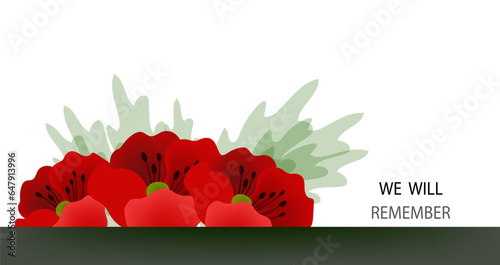 Remembrance Day horizontal cartoon banner. Lest We forget. Red poppy flowers.