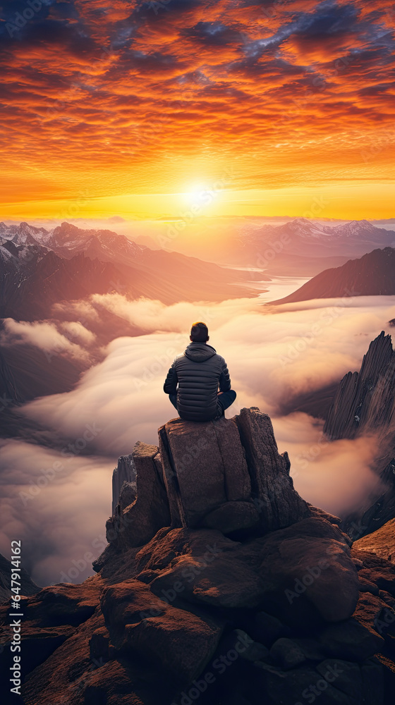 Silhouette of a person meditating on the top of mountain