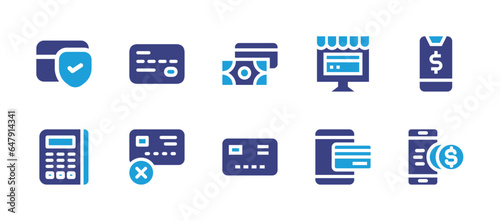 Payment icon set. Duotone color. Vector illustration. Containing credit card, no credit card, pay, payment protection, payment terminal, online payment, mobile payment, credit card payment, payment. © Huticon