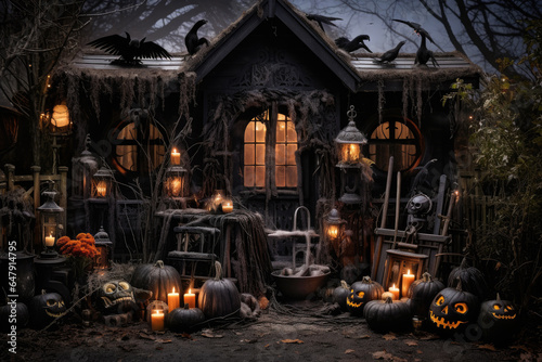 Dark haunted house decoration for Halloween party background with Pumpkin candle in Spooky Night, ghost day design concept, Horror creepy Houses scene. © TANATPON