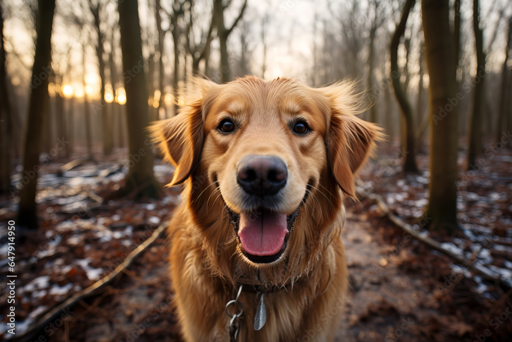 happy dog portrait in the woods at golden hour
