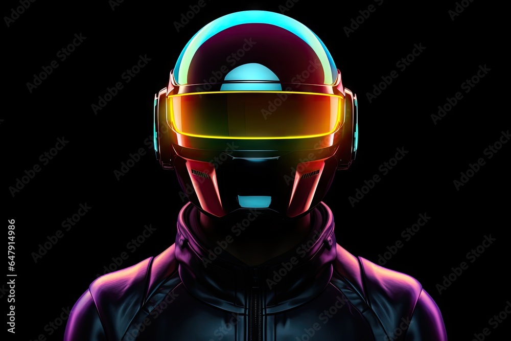 Futuristic robot cyborg soldier with cyberpunk neon lighting background.