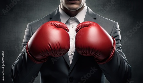 Businessman wearing boxing gloves photo