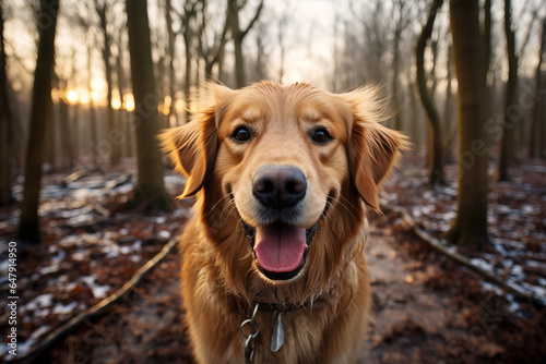 happy dog portrait in the woods at golden hour