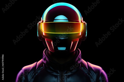Futuristic robot cyborg soldier with cyberpunk neon lighting background. © Virtual Art Studio