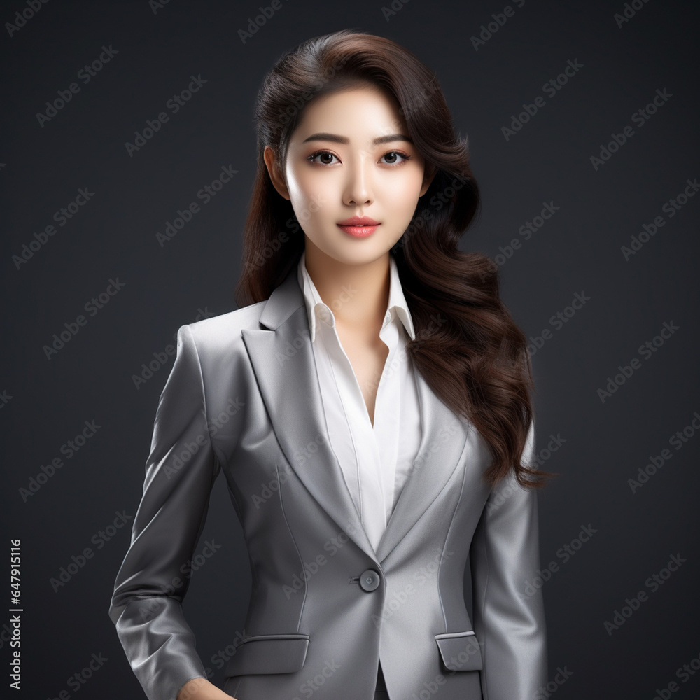A confident and clever young Asian woman, dressed in a light gray suit paired with a crisp white shirt, delivers a presentation on a dark backdrop. Generative AI.