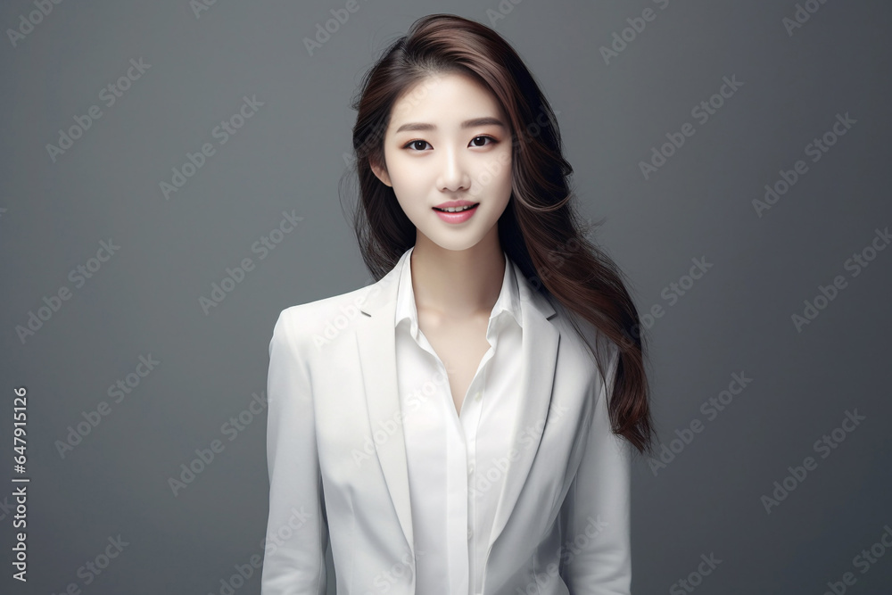 A confident and clever young Asian woman, dressed in a light gray suit paired with a crisp white shirt, delivers a presentation on a dark backdrop. Generative AI. A confident and clever young Asian woman, dressed in a light gray suit paired with a crisp white shirt, delivers a presentation on a dark backdrop. Generative AI.