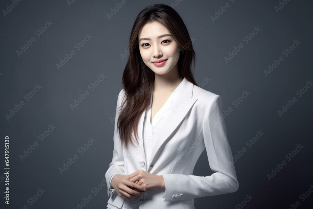 A confident and clever young Asian woman, dressed in a light gray suit paired with a crisp white shirt, delivers a presentation on a dark backdrop. Generative AI. A confident and clever young Asian woman, dressed in a light gray suit paired with a crisp white shirt, delivers a presentation on a dark backdrop. Generative AI.