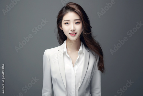 A confident and clever young Asian woman, dressed in a light gray suit paired with a crisp white shirt, delivers a presentation on a dark backdrop. Generative AI.
