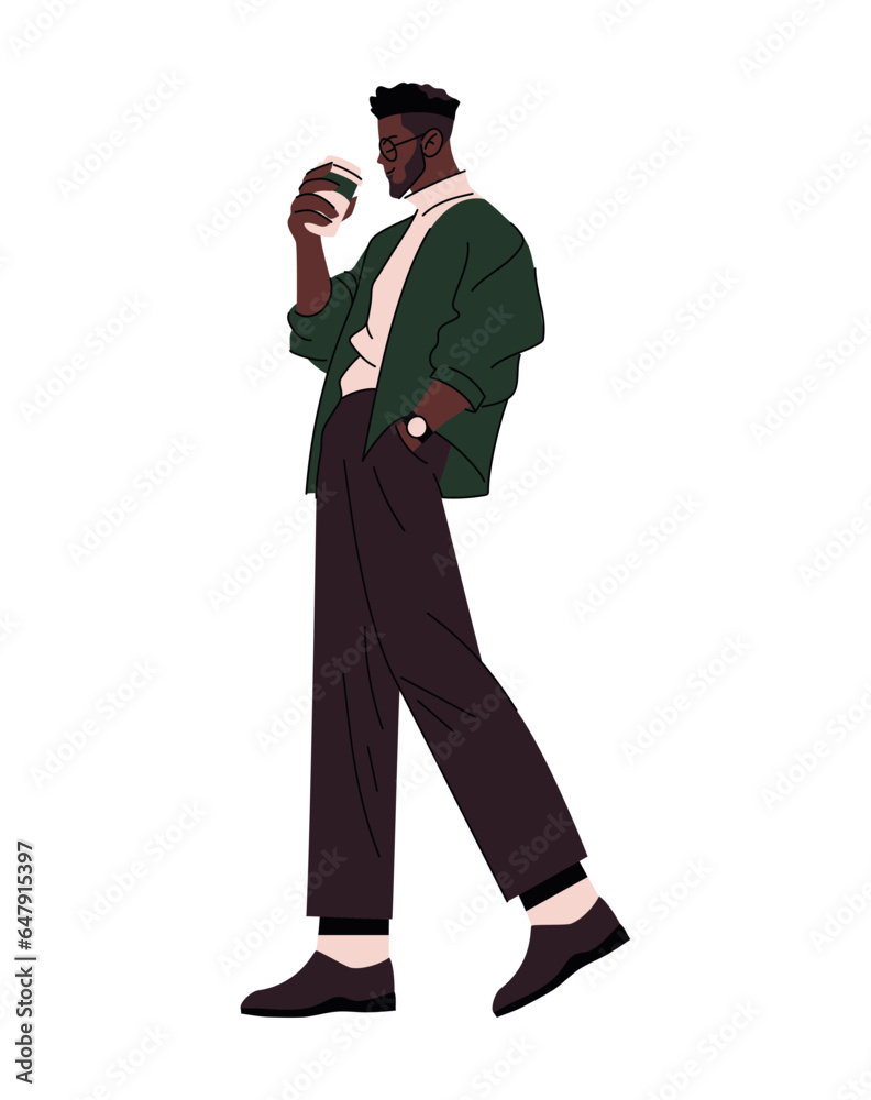 afro man drinking and walking
