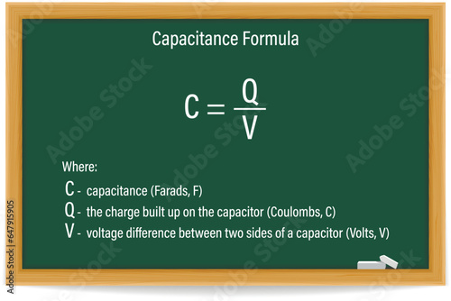 Capacitance Formula on a green chalkboard. Education. Science. Formula. Vector illustration.