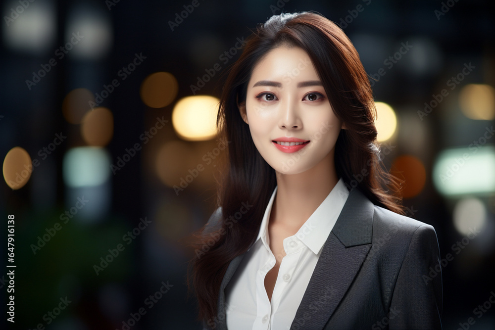 In the backdrop of a blurred office, a confident and intelligent young Asian woman, elegantly attired in a light gray suit paired with a crisp white shirt, delivers a presentation. Generative AI. In the backdrop of a blurred office, a confident and intelligent young Asian woman, elegantly attired in a light gray suit paired with a crisp white shirt, delivers a presentation. Generative AI.
