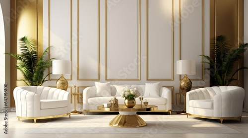 Luxury light interior of living room with gold wall and chic expensive furniture in white and gold colors 8k,