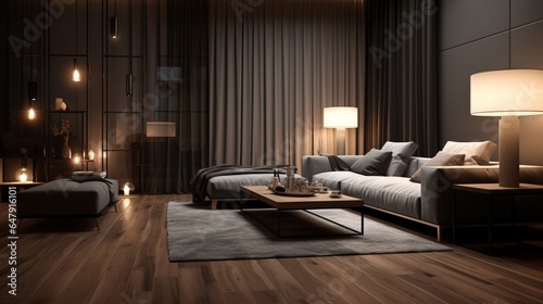 Luxury Living Room At Night With Sofa, Floor Lamp And Parquet Floor. 8k, © Counter