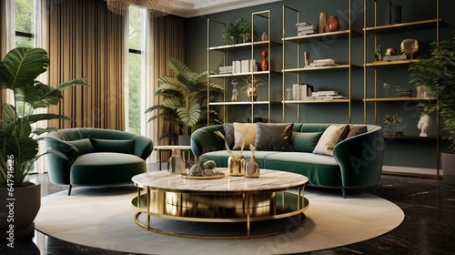 Metal, round coffee tables and a beige sofa in a green, luxurious living room interior with marble shelves and golden decorations 8k,