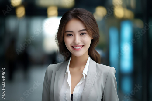 In the backdrop of a blurred office  a confident and intelligent young Asian woman  elegantly attired in a light gray suit paired with a crisp white shirt  delivers a presentation. Generative AI.