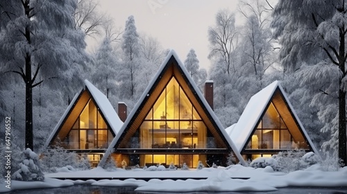 Modern architecutre concept. Snowy cottage in forest. Winter landscape with yellow brick luxury house. 8k, photo
