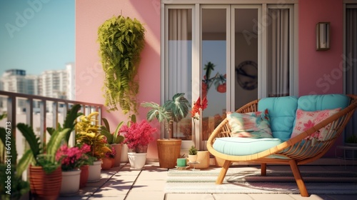 modern decorative balcony style. apartment exterior style with furniture and colorful object. 8k, © Counter