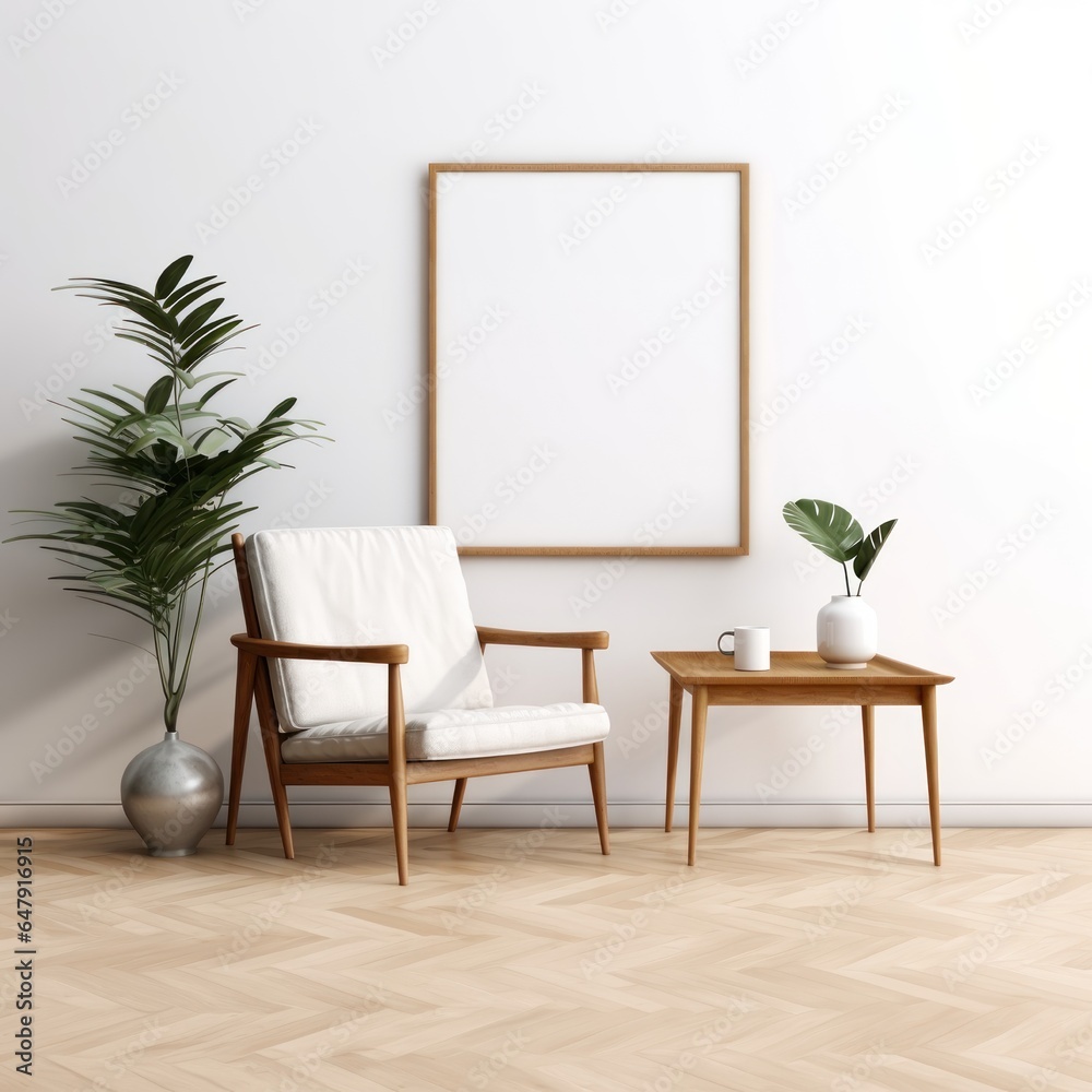 Mock up picture frames, wooden chairs, coffee table and plants for a relaxing corner in a simple living room.