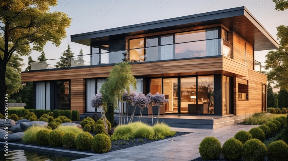 Modern house with wood trim exterior and beautiful landscaping. Home