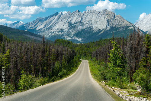 Icefields Parkway highway road between Banff and Jasper national park, Alberta, Canada.