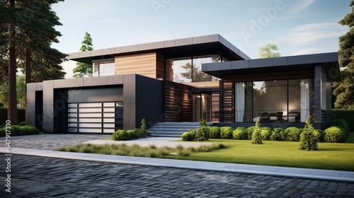 Modern house with garage and green lawn, exterior view 8k,