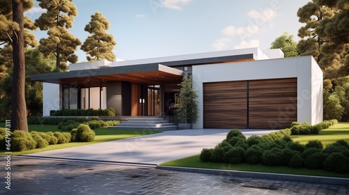 Modern house with garage and green lawn, exterior view 8k,