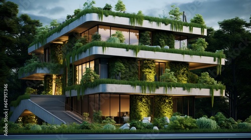 Modern houses with green plant wall. Actual eco architecture 8k, © Counter