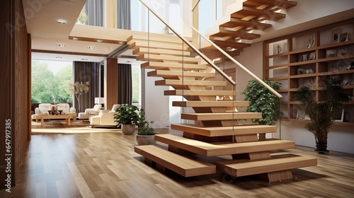 Modern interior design - stairs in wooden finishing 8k, photo