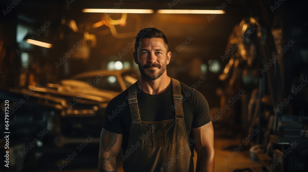 car service, repair, maintenance and people concept. happy smiling auto mechanic man or smith at workshop car service, repair, maintenance and people concept. happy smiling auto mechanic man or smith at workshop