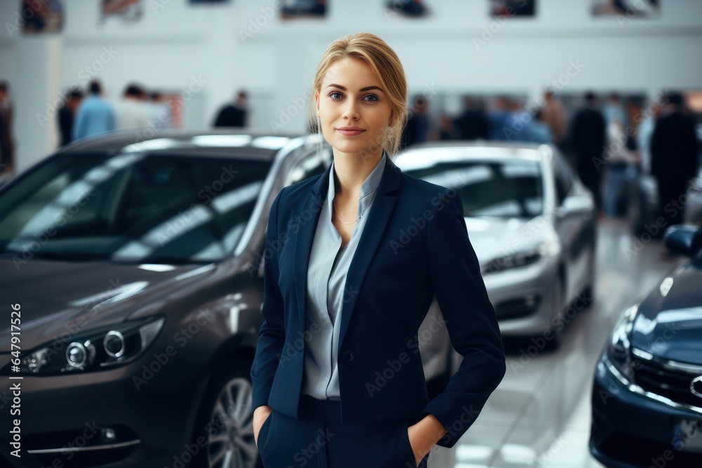 The beautiful female salesperson at a car showroom.