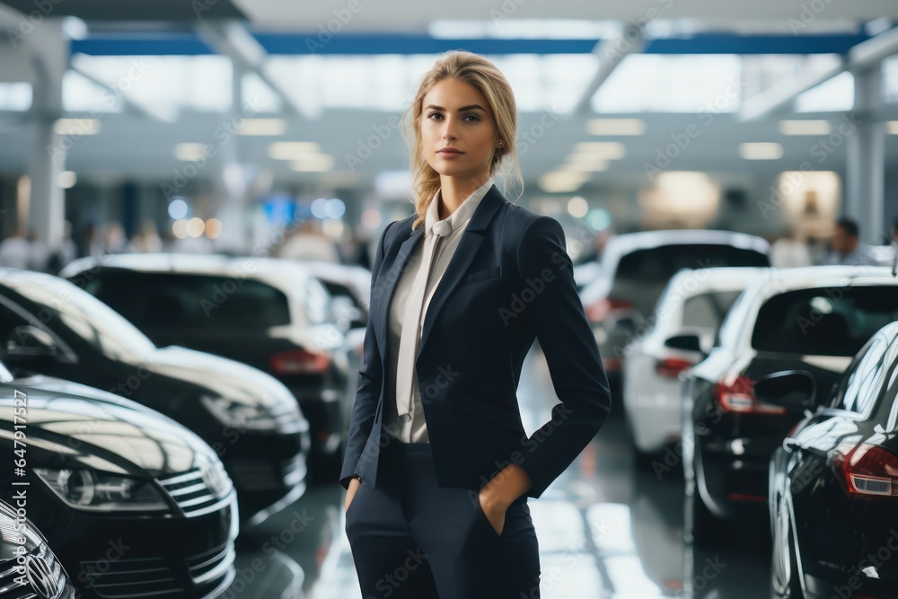 The beautiful female salesperson at a car showroom.