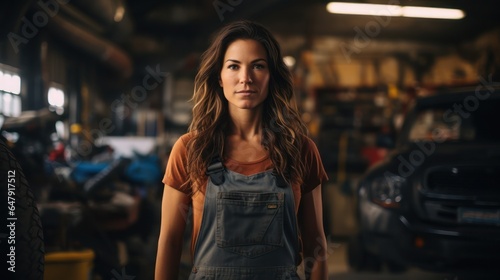 Beautiful female mechanic in a gritty auto repair shop.