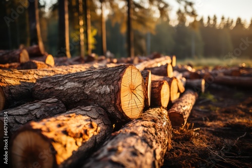 Freshly cut trees in the forest. Rows of piled of logs photo