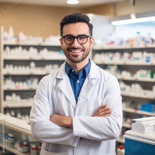 Handsome young male caucasian druggist pharmacist in white medical coat smiling and looking at camera in pharmacy drugstore © Kowit