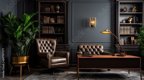 Modern interior design for home, office, interior details, upholstered furniture against the background of a dark classic wall. 8k, © Counter