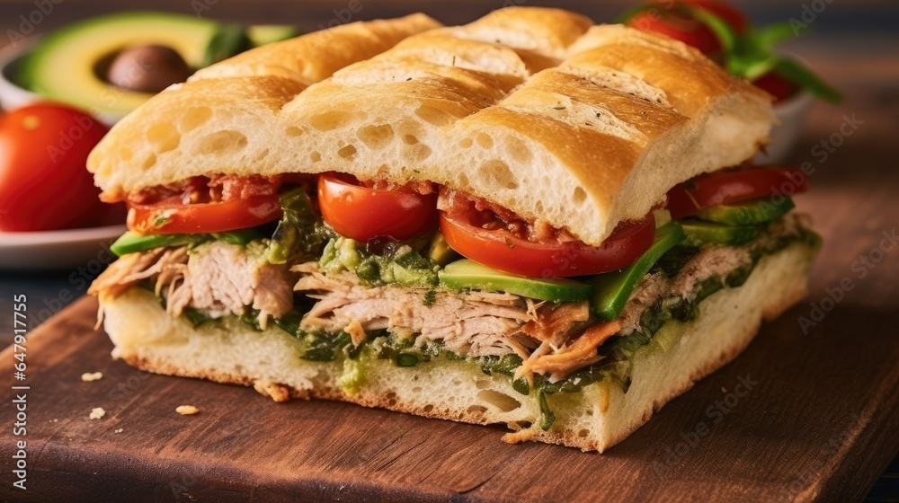 focaccia bread sandwich made of tuna mix, tomato, pesto, avocado, pickled jalapeno