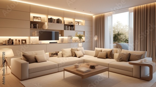 modern interior design of the living area in the studio apartment in warm soft colors. decorative built-in lighting and soft beige furniture 8k,