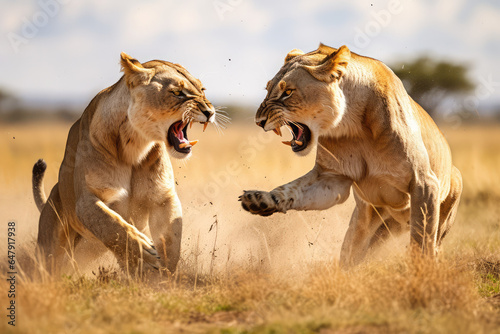 Two lions are fighting in the savannah grassland