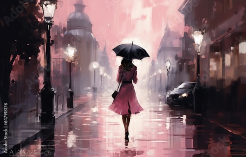woman walking down street holding umbrella gorgeous pink hues streaming sad lonely mellow vibes high heels gloves motion girl standing rain friends cover rose tinted glasses tall