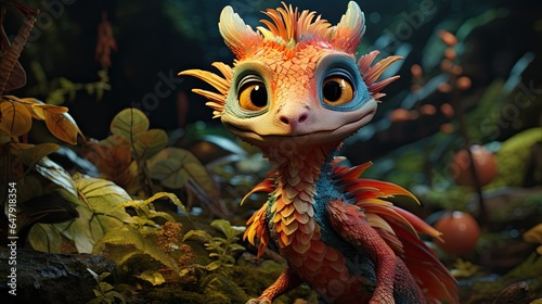 An endearing and adorable baby dragon depicted in a realistic illustration, embodying the concept of a fantastical background. © Liana