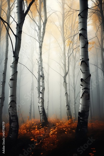 trees foggy forest leaves ground birch stunning penned thin color white vertical lines forbidden beauty highly fog surrounds niflheim photo