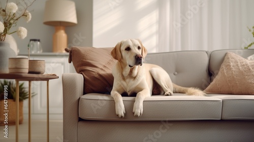 Modern living room interior. Cute Golden Labrador Retriever on couch 8k, photo
